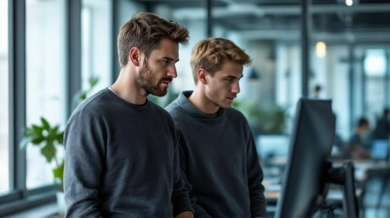Karlsruher IT-Trainer mit Azubi in einem hellen Open-Space-Büro mit zwei Monitoren
