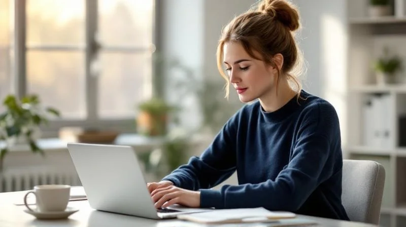 Frau recherchiert Weiterbildungen am Laptop in einem hellen Karlsruher Apartment