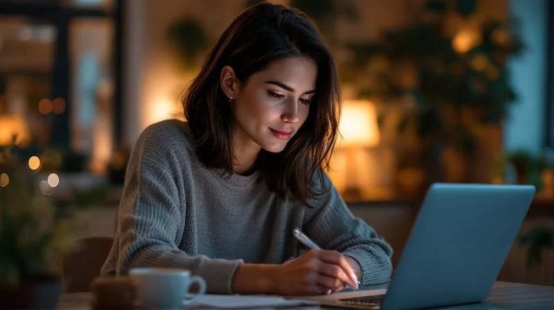 Frau lernt abends am Laptop fuer ihre IHK-Fortbildung in Karlsruhe
