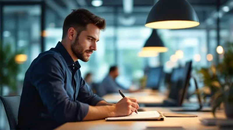 Mann sitzt konzentriert am Laptop in einem modernen Karlsruher Buero und plant seinen Karriereweg