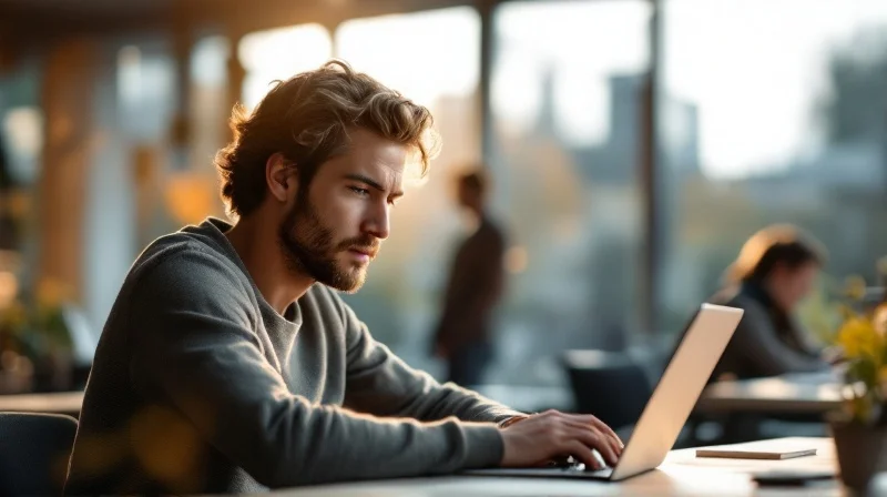 Karlsruher Angestellter in Coworking-Space nahe KIT mit Laptop und Cyberforum-Atmosphäre