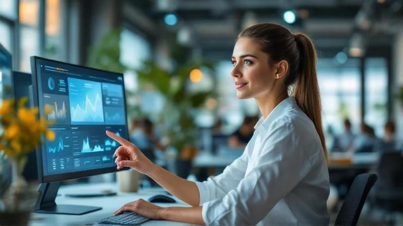 Frau arbeitet am Laptop in einem modernen Buero in Karlsruhe