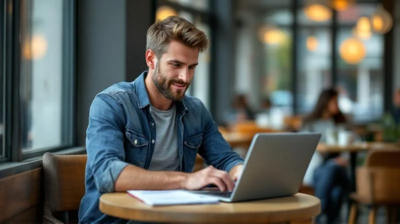 Karlsruher IT-Spezialist arbeitet am Steuerbescheid auf einem Laptop in einem hellen Café