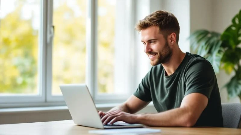 Mann arbeitet konzentriert am Laptop in einem modernen Karlsruher Buero