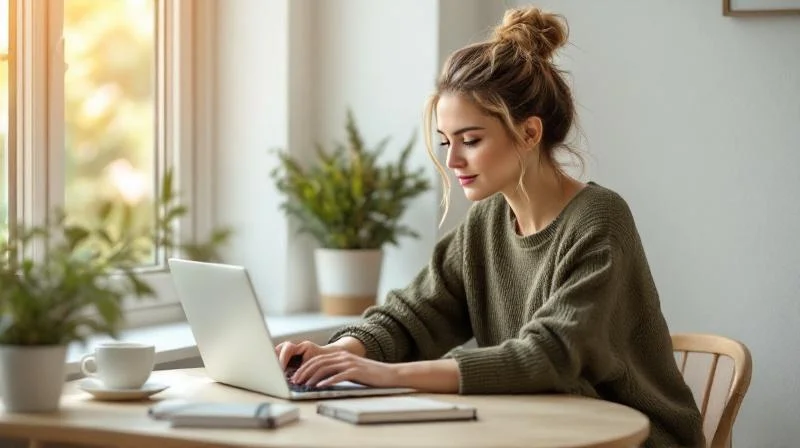 Frau lernt am Laptop in einem hellen Homeoffice in Karlsruhe